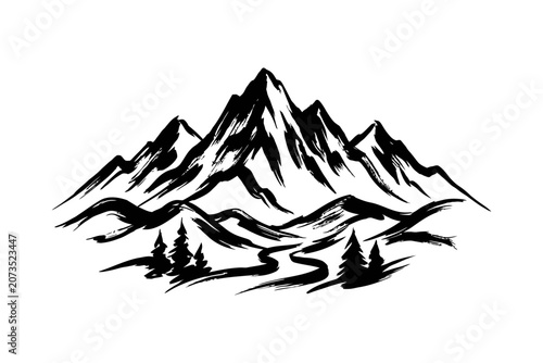Artistic hand drawn mountain landscape with brush strokes and pine trees for nature decor.