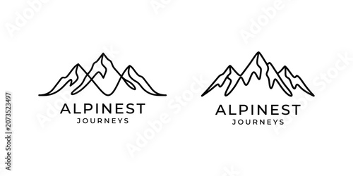 Minimalist line art mountain  for alpinist journeys brand identity and hiking shirts.