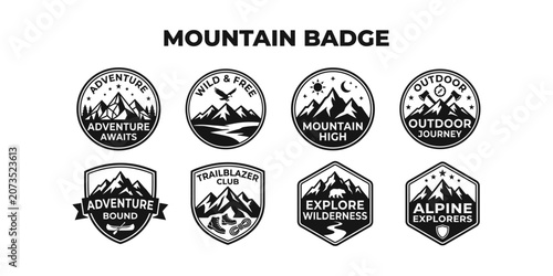 Collection of eight mountain badge designs featuring outdoor adventure and nature themes.