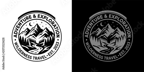 Adventure and exploration wilderness travel logo, mountains river and forest graphic.