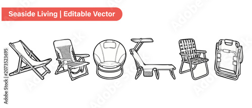 Cuadro en lienzo Beach chair vector outline set of folding lounge furniture for seaside living and outdoor camping travel, featuring minimalist clean outline design clipart graphics for deckchairs and lawn seating