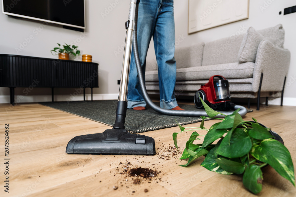 Fototapeta premium Woman uses vacuum cleaner to clean floor in living room of modern apartment