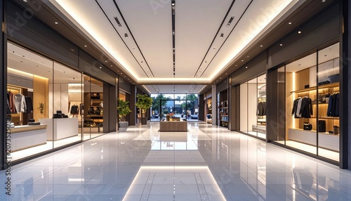 Modern Luxury Shopping Mall Interior with Sleek Boutiques and Bright Lighting.