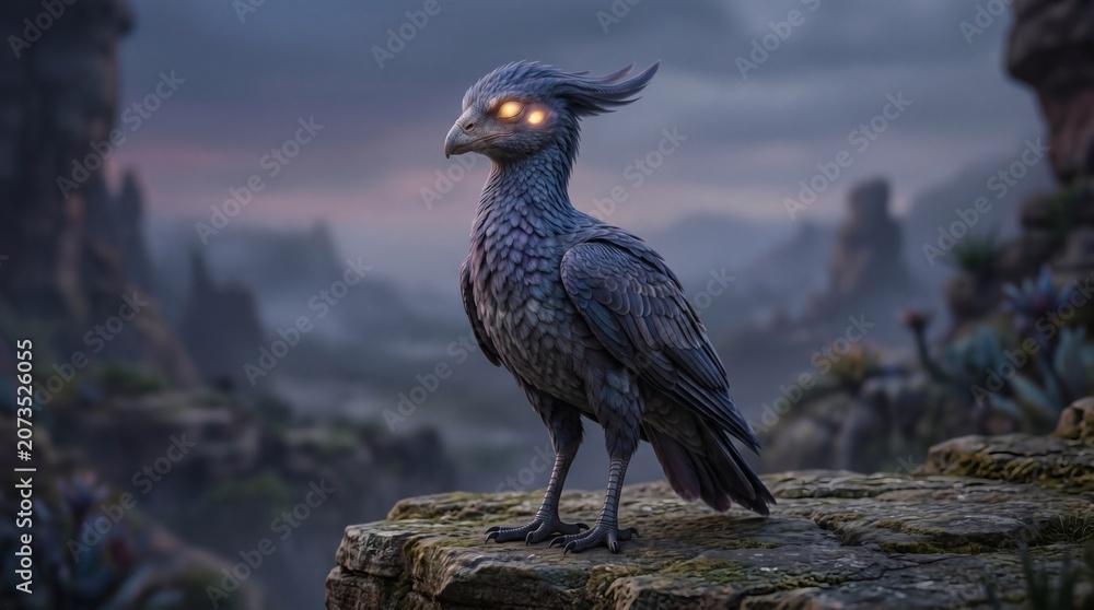Fototapeta premium Mysterious Dark Bird with Glowing Eyes Perched on Rocky Cliff Overlooking Misty Mountains at Dusk