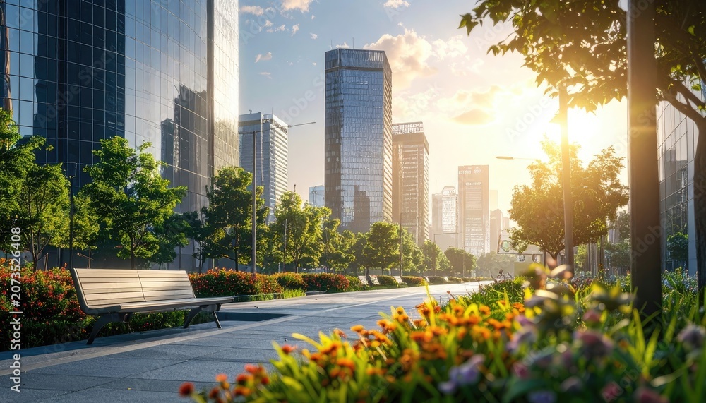 Fototapeta premium Serene City Park Bench Bathed in Golden Morning Sunlight with Skyscrapers.