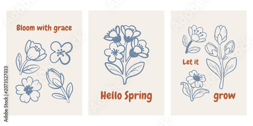 Schilderij op canvas Set of three spring wall art posters with hand drawn floral elements and inspirational quotes