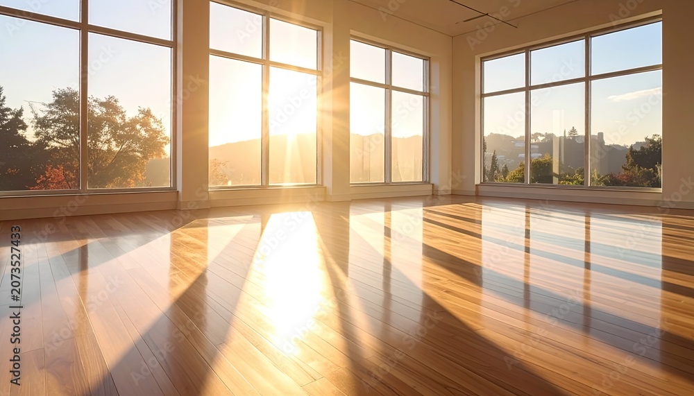 Fototapeta premium Sunlit Empty Room with Large Windows and Wooden Floor.