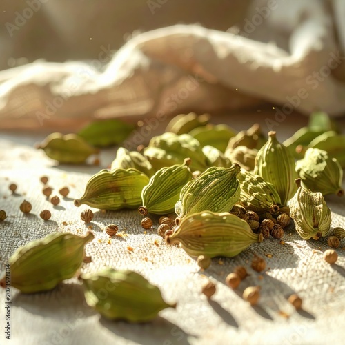 Fresh green cardamom pods and loose seeds on textured fabric, organic spices for culinary aromatherapy and herbal medicine usage