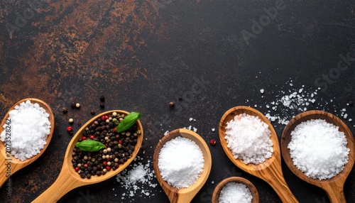Wooden spoons filled with sea salt and peppercorns on rustic dark slate background, cooking ingredients, culinary spices, kitchen preparation