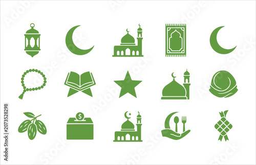 Ramadan Icon Set Green Flat Mosque Lantern Moon