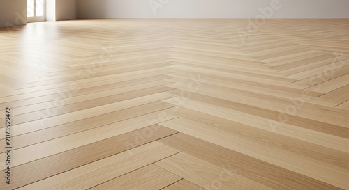Bright empty modern room featuring light wood herringbone parquet flooring and natural light from a window