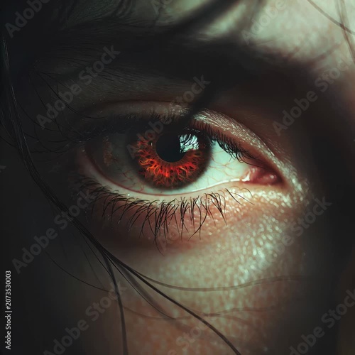 Extreme hyper-detailed close-up of a woman's eye with a glowing deep red iris and intricate dark lashes surrounded by dark dramatic lighting and stray hair strands conveying a mysterious supernatural