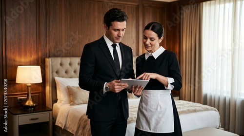 Professional hotel manager and chambermaid using digital tablet, luxury boutique hotel staff coordination, hospitality service team in elegant bedroom