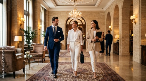 Professional business people walking in luxury hotel lobby, corporate executives in elegant suit and formal wear, successful team in upscale office interior
