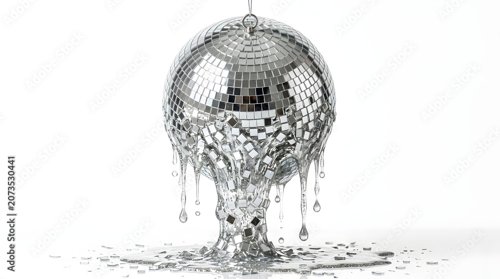 Obraz premium Melting disco ball with liquid silver dripping onto shattered fragments, a symbolic end