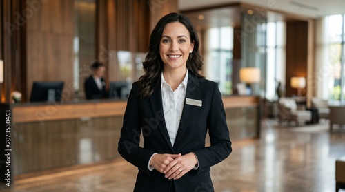 Professional hotel receptionist in black blazer, smiling female concierge standing in luxury lobby, hospitable front desk staff at boutique resort