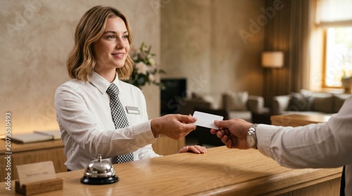 Professional hotel receptionist handing key card to guest at luxury lobby desk, smiling concierge woman providing premium customer service in boutique resort