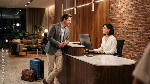 Modern hotel reception desk with professional receptionist and male guest. Luxury boutique hotel lobby check-in. Elegant hospitality service and travel concept.