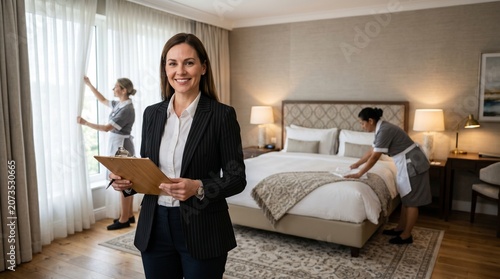 Professional hotel manager with clipboard supervising housekeeping staff, luxury hotel room service and hospitality management, female supervisor in business suit