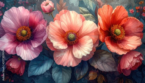 Vibrant Close-up of Three Blooming Poppies in Shades of Pink and Orange.