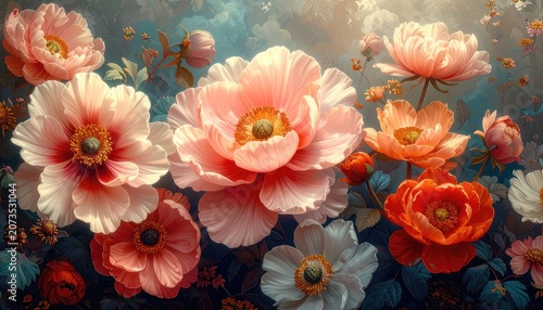 Vibrant Close-up of Blooming Peonies in a Lush Garden Setting.