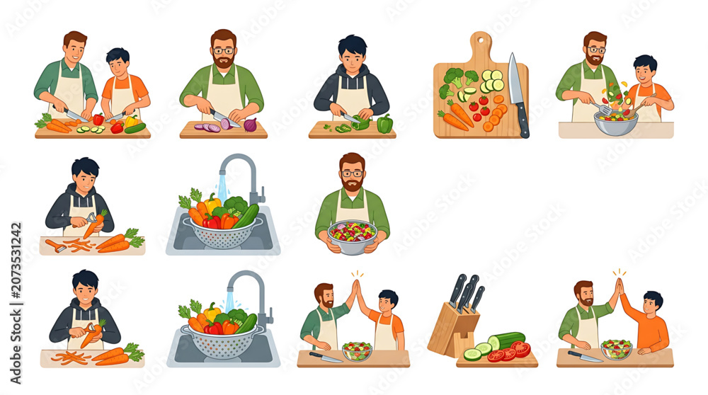 Fototapeta premium Set of illustrations showing a father and son cooking together, preparing fresh vegetables, washing ingredients, and making a salad in the kitchen