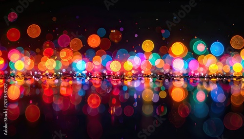 Vibrant Bokeh Lights Reflecting on Water Surface at Night.
