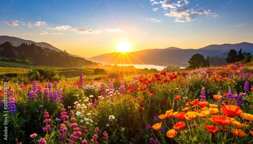 Fototapeta premium Vibrant Wildflower Meadow at Sunrise with Rolling Hills and Lake.