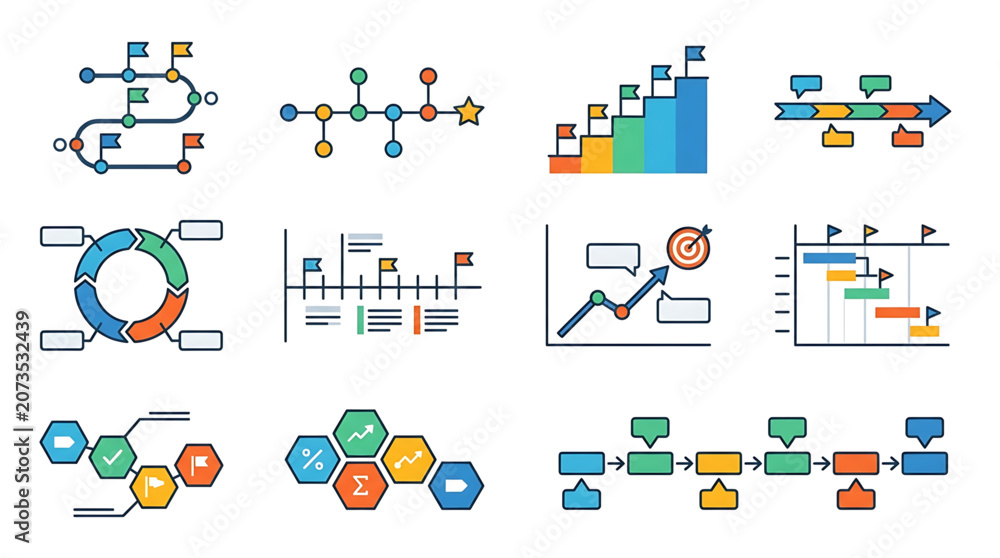 Naklejka premium Set of project management and business development icons, including roadmap, timeline, workflow, and progress charts