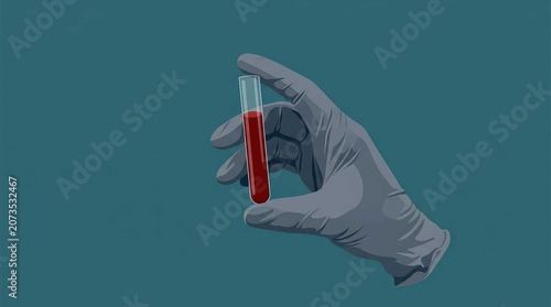 Minimalist flat design illustration of a gloved hand holding a test tube with red fluid, representing medical testing and laboratory science research in a clean and cinematic widescreen format.