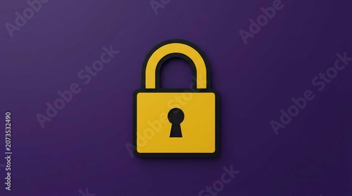 Minimalist yellow padlock icon representing digital security and data protection against a deep purple backdrop, rendered in a clean widescreen composition suitable for professional web design.