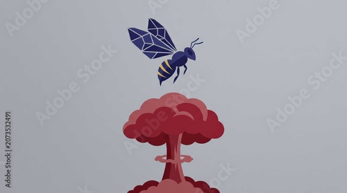 Minimalist geometric bee hovering above a red nuclear mushroom cloud, cinematic widescreen graphic design illustration for ecological, environmental, and cautionary conceptual art projects.