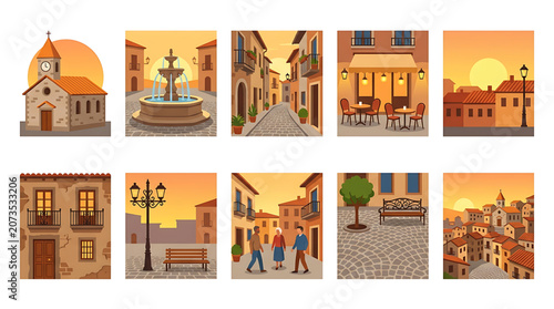 Set of vector illustrations of a cozy mediterranean town at sunset, featuring a church, fountain, narrow streets, cafe, street lamps, and townspeople