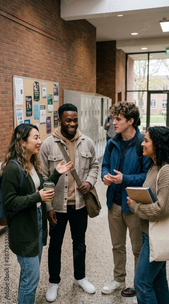 Fototapeta premium Diverse group of college students talking in a school hallway