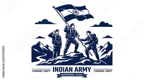 Tableau sur toile Indian Army Soldiers Raising Flag on Mountain Peak, Symbol of Courage and Unity
