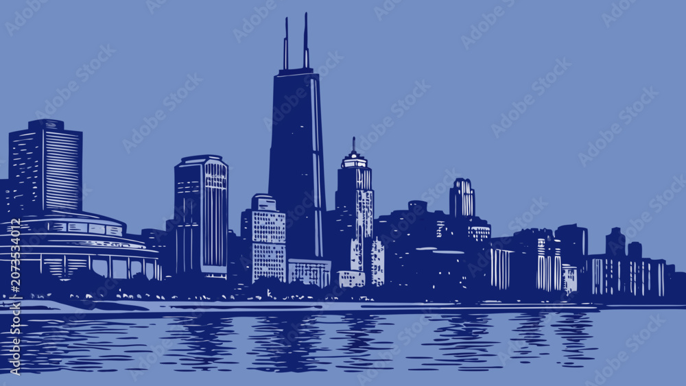 Fototapeta premium Chicago city skyline with skyscrapers reflecting on lakefront water