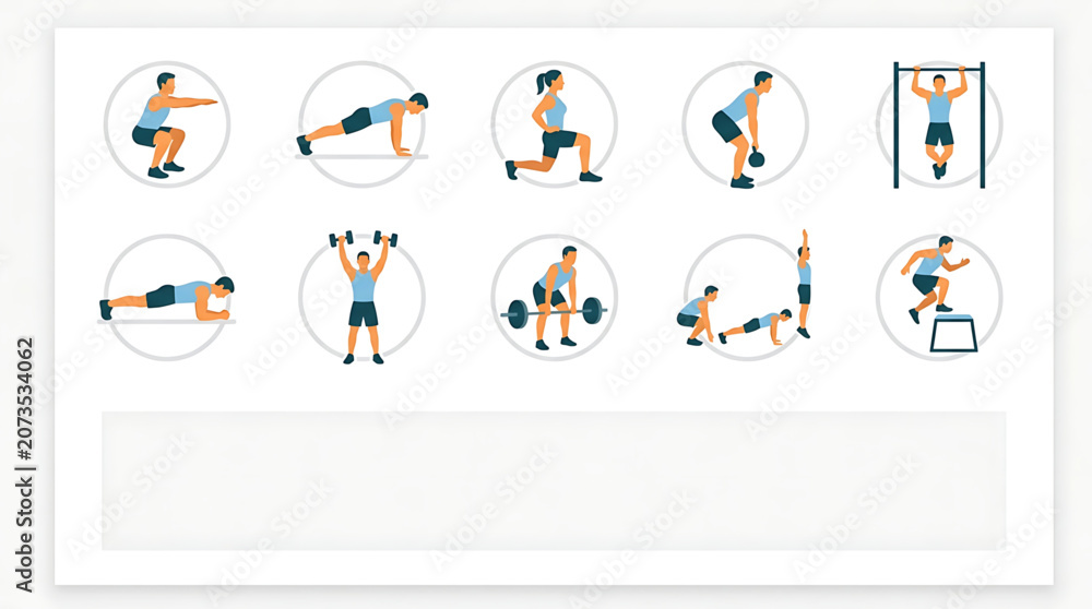 Fototapeta premium Set of fitness and workout icons featuring various exercises like squats, pushups, lunges, deadlifts, pullups, and box jumps