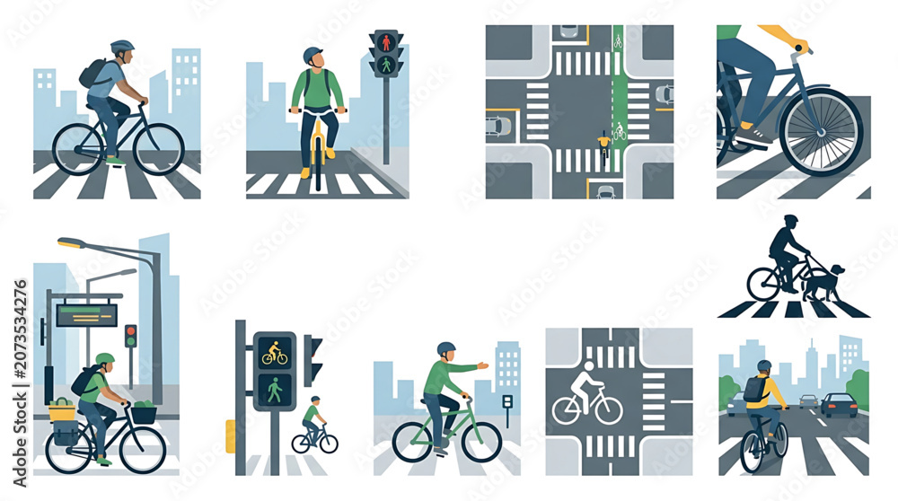 Obraz premium Set of illustrations depicting cyclists in urban environments, following traffic rules and safety guidelines
