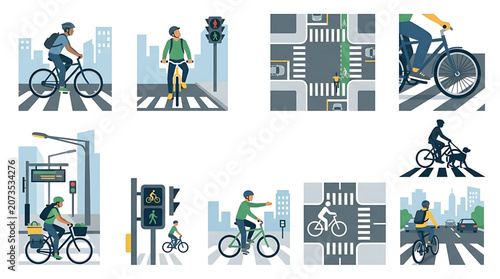 Set of illustrations depicting cyclists in urban environments, following traffic rules and safety guidelines