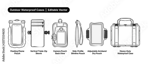 Waterproof case vector icons set including floating phone pouch, vertical zip sleeve, camera dry bag, side profile slimline pouch, adjustable armband, & heavy-duty protective travel case graphic pack