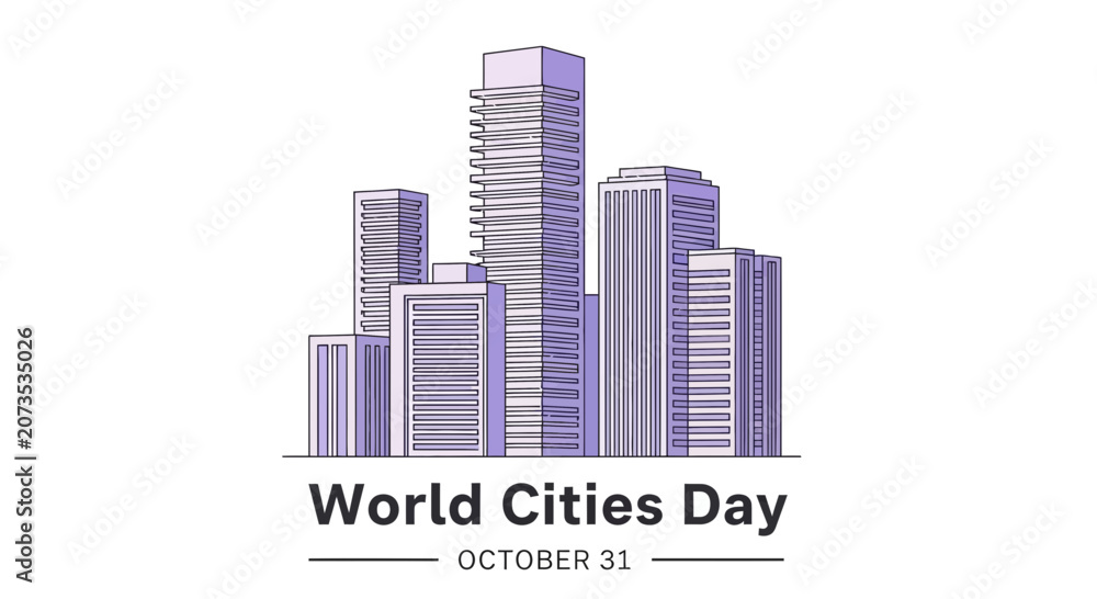 Obraz premium A stylized illustration of a modern city skyline featuring tall skyscrapers for World Cities Day.