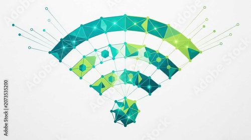 Abstract vector graphic depicting a digital wireless connection symbol with geometric triangles and glowing nodes, designed in a modern widescreen format for technology and connectivity themes.