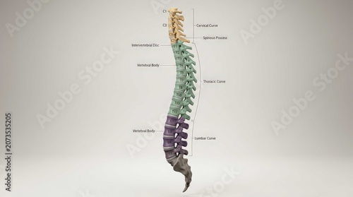 Anatomy of the Human Spine Diagram with Cervical Thoracic and Lumbar Vertebrae Segments. Scientific 3D render showing bone structure, vertebral alignment, and intervertebral spacing for medical study.