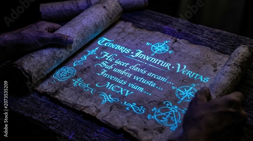 Ancient parchment scroll with glowing blue magical Latin inscriptions and navigational compass illustrations held by human hands on a dark wooden desk for a cinematic treasure hunt concept.
