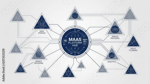 Complex interconnected network diagram visualizing a central platform hub connected to various data storage, service provider, analytics, and route planning nodes in a modern geometric style.