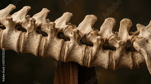 Detailed close up side view of a vertebrate spinal column resting on a wooden stand, showcasing intricate bone texture and anatomical structure in a cinematic widescreen composition.