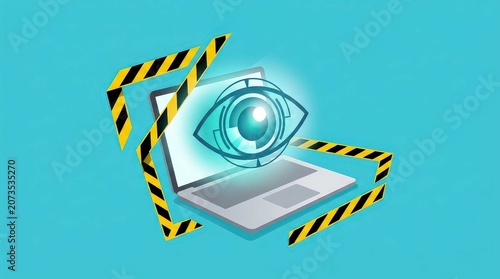 Minimalist digital security conceptual illustration with a glowing eye emblem on a laptop screen surrounded by hazard warning tape, emphasizing cybersecurity awareness and data protection threats.