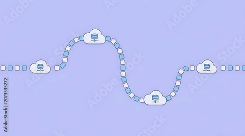 Minimalist flat design cloud computing diagram, featuring a winding path of data blocks connecting multiple server nodes for a clean, professional, and modern representation of digital networks.