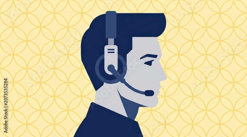 Professional customer support representative wearing a headset, illustrated in a flat modern graphic style against a yellow patterned background, ideal for business and communication web banners.
