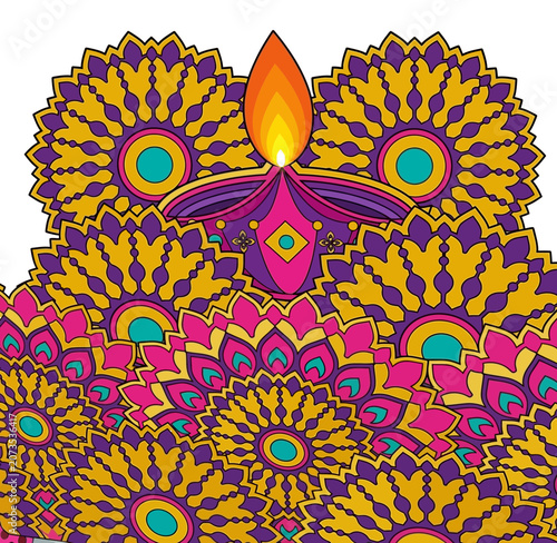 Vibrant Diya Lamp Vector with Ornate Mandala Patterns for Diwali Festive Branding. Cultural Graphic for Celebration Marketing, Flexible Layout with Copy Space.